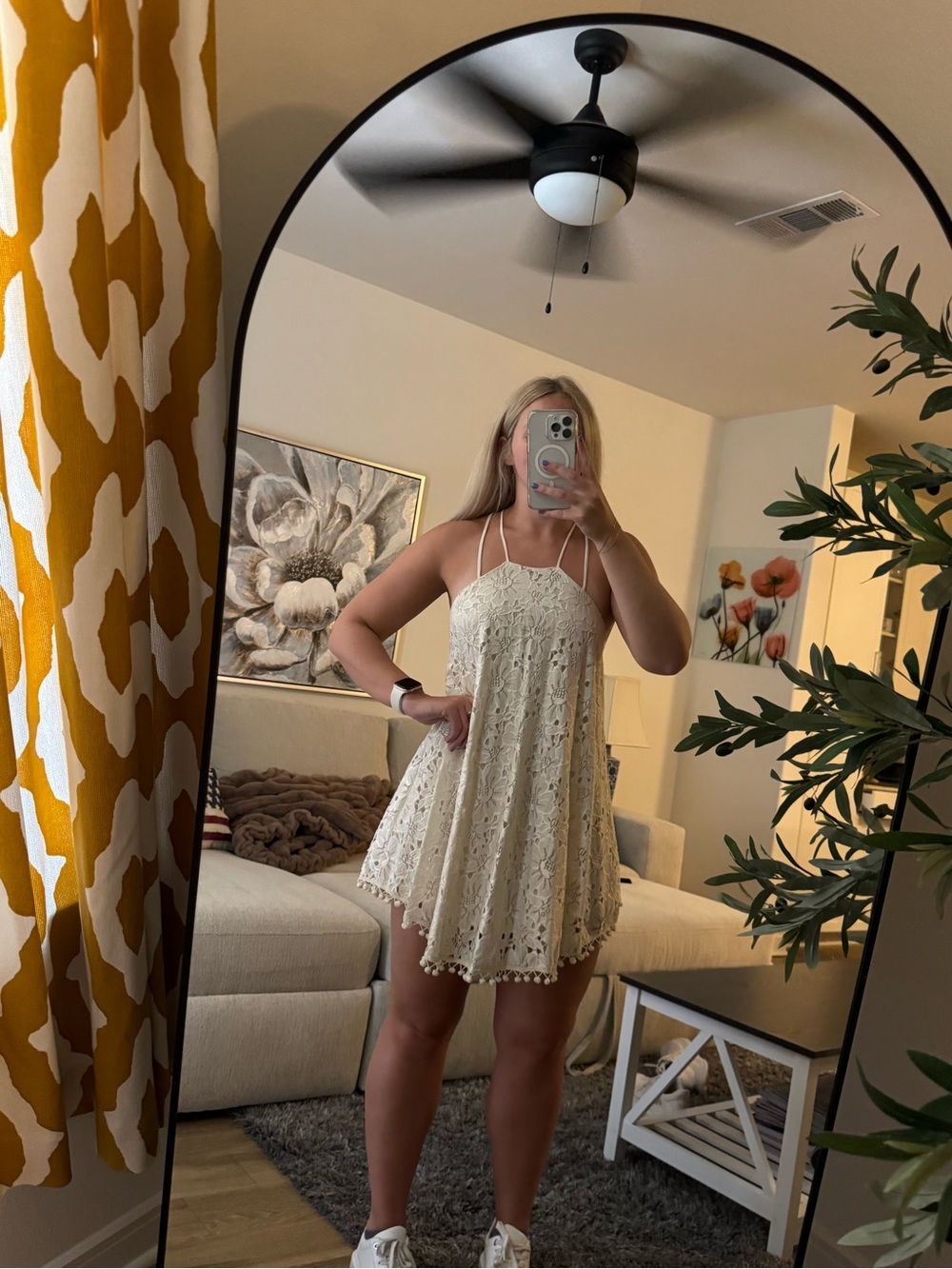 Lucy Paris Cream Lace Mini Dress with Pom Hem